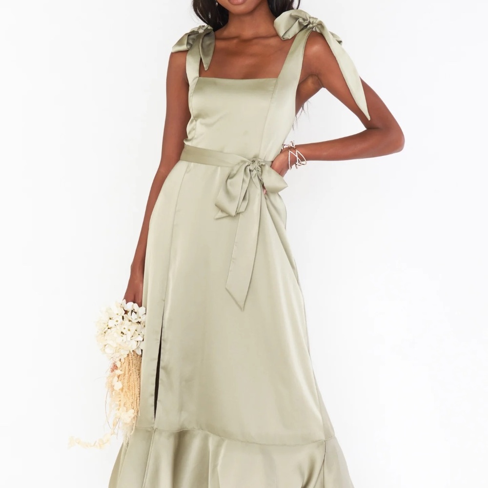 Show Me Your Mumu Claire Midi Dress Moss Green Luxe Satin